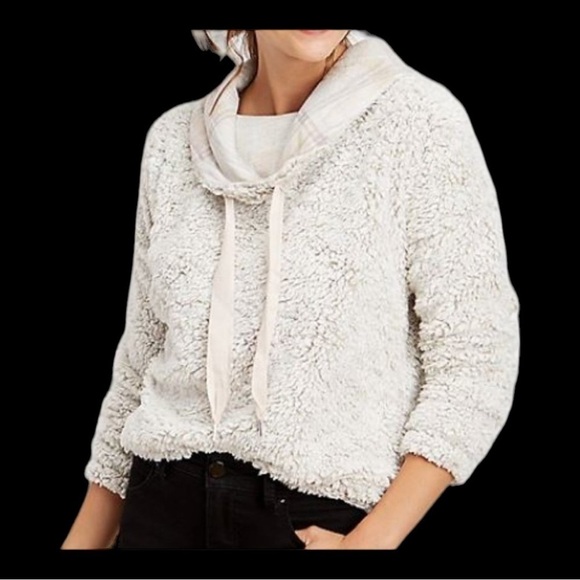 MAURICES, COWL NECK, SHERPA PULLOVER. LIGHT GREY WITH PLAID COWL. SIZE L - Picture 1 of 8